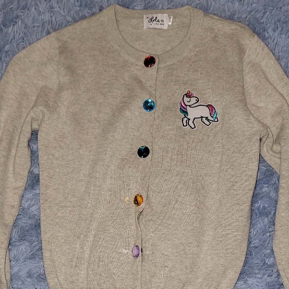 Gray Cardigan with Unicorn Patch and Colorful Buttons.